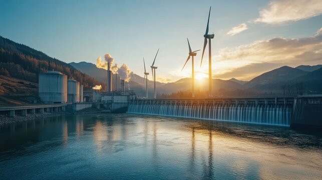 Sunset Hydroelectric Dam, Wind Turbines, Mountains