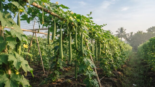Fresh green loofah ridge gourd growing on the vine in a tropical plantation farm field