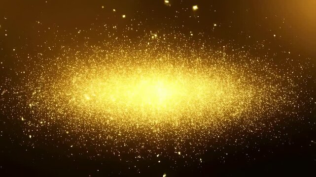Golden particles glow and disperse smoothly against a dark background with soft diffusion and radiant light effects. Abstract animation features dispersing motion and luminous energy.