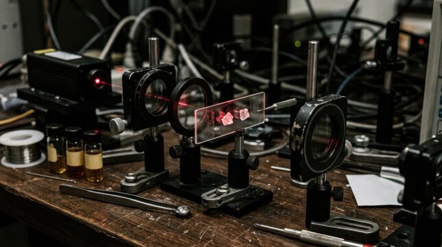 Chiral crystal samples, polarized beams, polarizing films, and optical lab tools on a dark bench