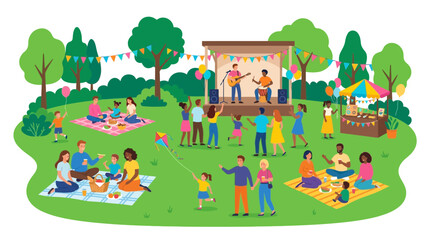 Fototapeta premium Vibrant outdoor festival with families enjoying music, picnics, and games in a park.