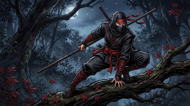 Stealthy ninja crouched on moonlit branch, dark forest with red leaves, staff weapon ready, atmospheric scene of vigilance and mystery.