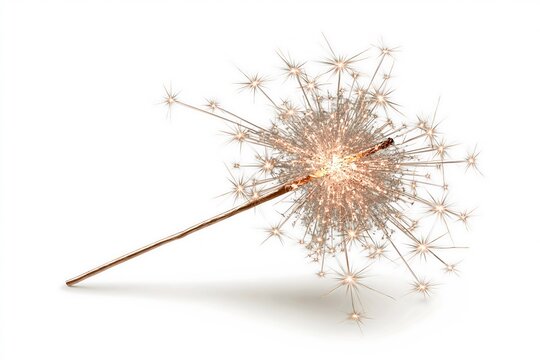 Sparkling firework stick emitting bright light and golden sparks isolated on a clean white background for festive holiday celebrations and party decor