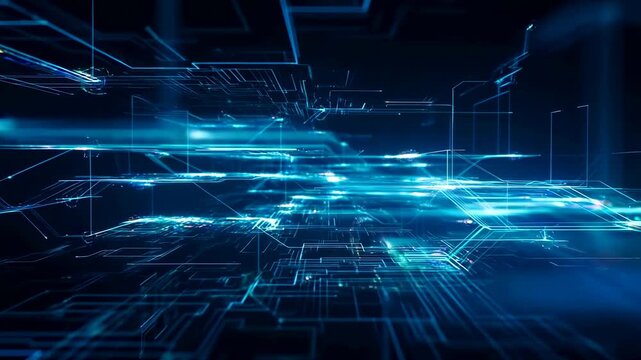 Glowing blue digital circuit grid flows forward in 3D space with pulsing light lines. Abstract backdrop shaped by flowing motion, digital data flow and network connectivity.
