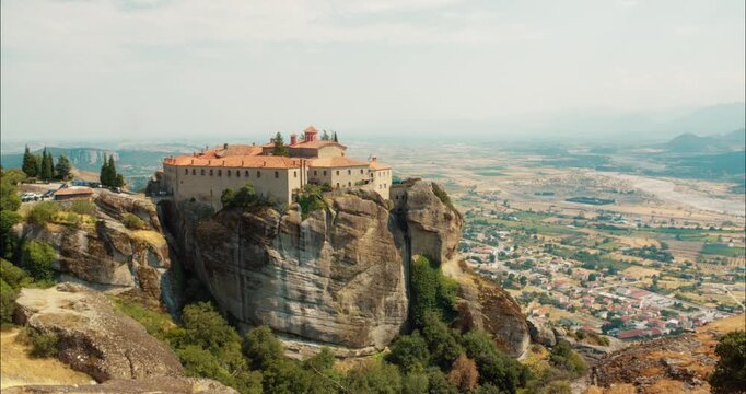 A view of the Meteora rock formation with cluster of Greek Orthodox monasteries in Thesally