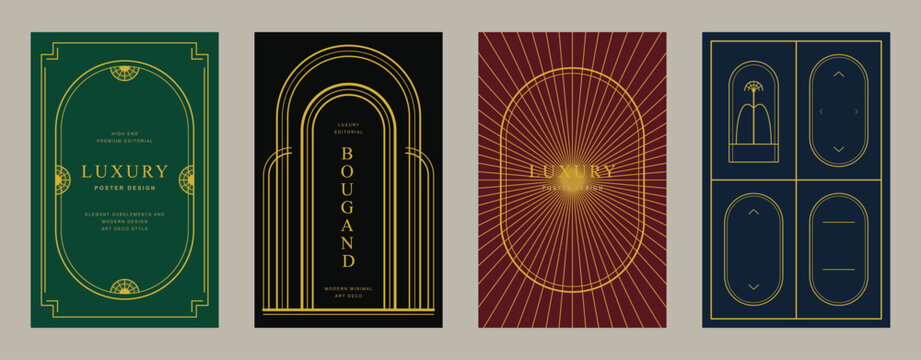 Premium art deco luxury poster collection set featuring golden arch line frames sunburst rays vintage decorative borders on dark backgrounds vector