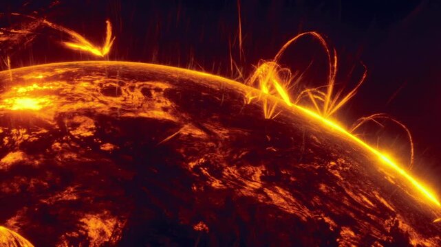 Magnetic ribbon dance. Elegant loops and sparks trace invisible magnetic fields. Molten surface glows beneath arcs while ribbons waltz unpredictably