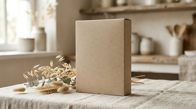 Blank green cardboard box standing on a rustic wooden kitchen table with some dry herbs nearby. blank cereal box