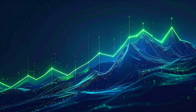 Digital Mountain Summit: A vibrant neon green line graph ascends over a stylized, illuminated mountain range, representing growth and progress in a futuristic, digital landscape.