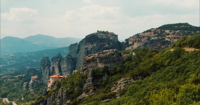 A view of the rounded boulders Meteora rock formations with cluster of Greek Orthodox monasteries in Thesally northwestern Greece