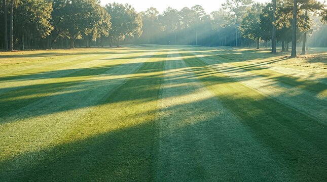 Golf course fairway with wide cut swaths of grass, trees. Open space, long shadows,  peaceful.
