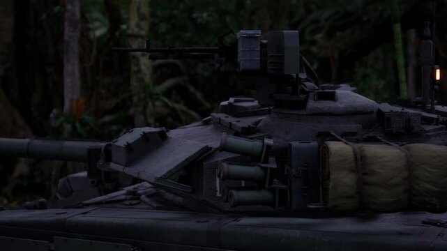 Armored vehicle concealed along forest route with low profile and camo pattern, multiple hulls suggested by tracks and shadows, tense transit atmosphere