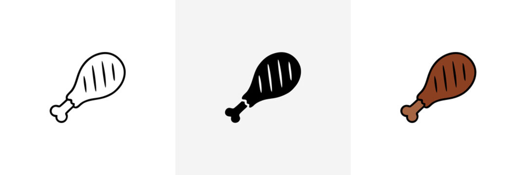 Stylized chicken drumstick icons in three different design variations representing food art and poultry products suitable for menu design and culinary branding.