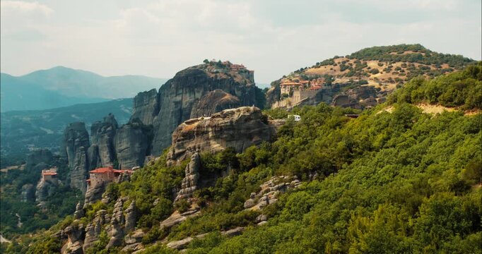 Meteora rock formation with cluster of Greek Orthodox monasteries in Thesally northwestern Greece
