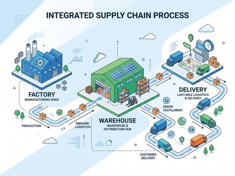 Integrated supply chain process infographic with factory warehouse and delivery logistics