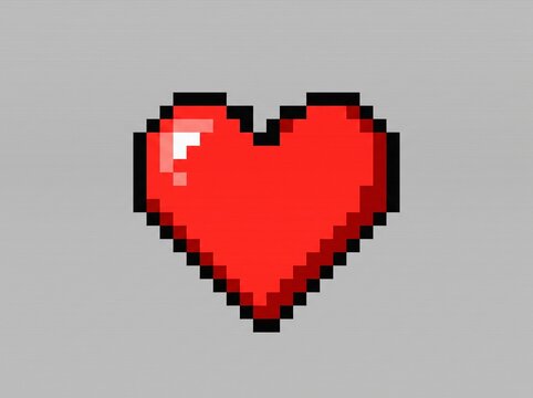 Red pixel art heart icon isolated on grey background for retro video game design elements.