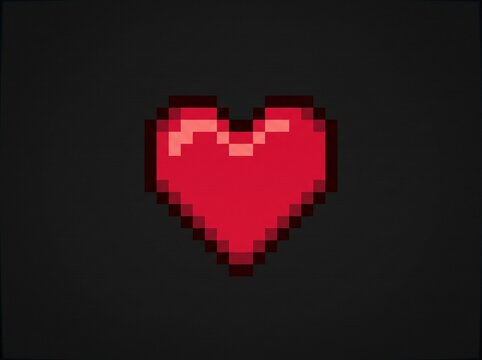 Red pixel art heart icon on black background for retro gaming and digital love concepts