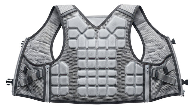 Grey tactical protective vest featuring padded foam plates isolated against plain white background for sports equipment commercial usage