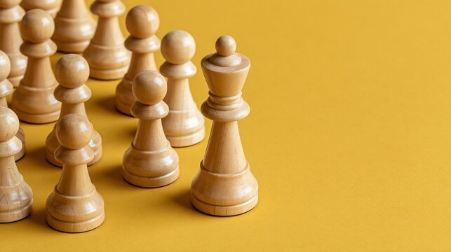 Roi d'&eacute;checs entour&eacute; de pions blancs en bois sur fond jaune avec espace copie