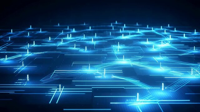 Glowing blue digital circuit board with pulsing lines and flickering nodes on a dark background. Light paths dynamically connect and flow, creating a vibrant technology interface animation.