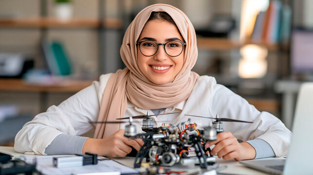 Muslim female engineer in hijab and glasses working with drone, representing robotics, technology, engineering, innovation and stem education