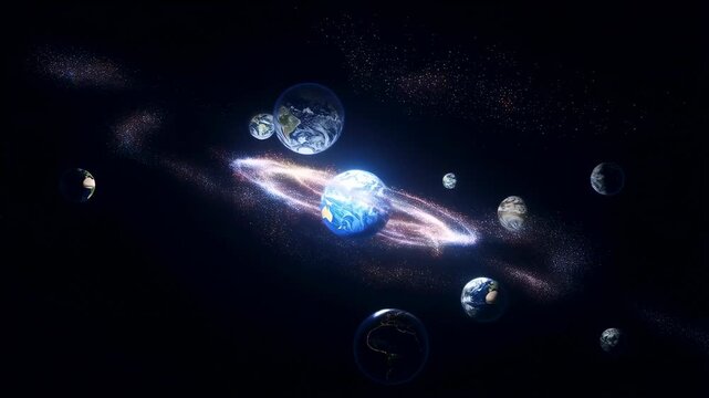Multiple Earth-like planets orbit around a glowing ring of swirling particles in dark outer space. Animated texture shows planets and glowing ring with rotating.