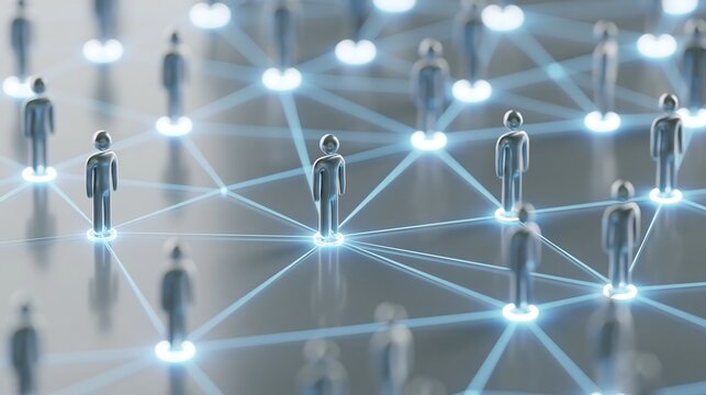 3D render of human figures connected by glowing lines representing a digital social network or global communication technology data connectivity