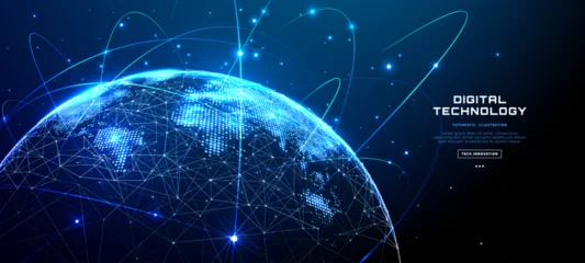 Fotobehang Kasteel Digital world map with glowing orbital networks surrounding Earth. Global connectivity visualization with dotted lines and blue tech atmosphere for modern communication.  © AntonKhrupinArt