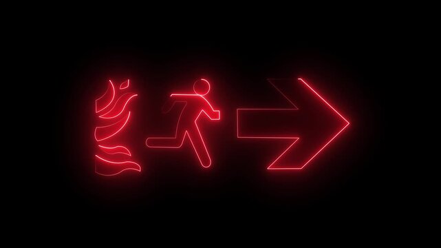 Animated neon exit sign showing fire hazard and emergency evacuation on black background. 4k motion video.