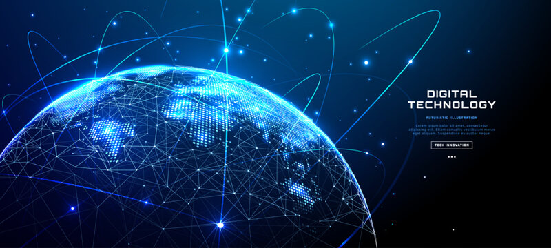 Digital world map with glowing orbital networks surrounding Earth. Global connectivity visualization with dotted lines and blue tech atmosphere for modern communication.