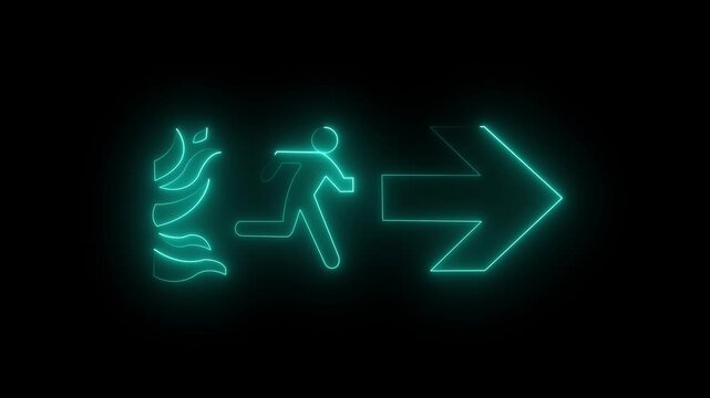 Animated neon exit sign showing fire hazard and emergency evacuation on black background. 4k motion video.