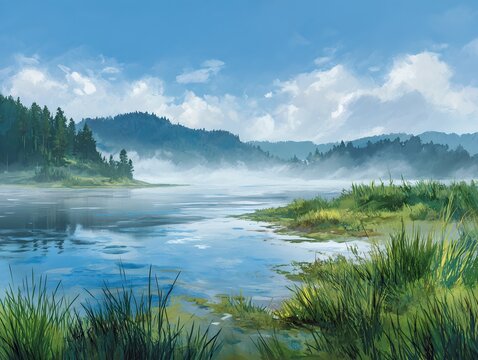 A serene misty lake surrounded by rolling hills and lush green trees. The water reflects the soft blue sky with scattered clouds, creating a tranquil and picturesque landscape