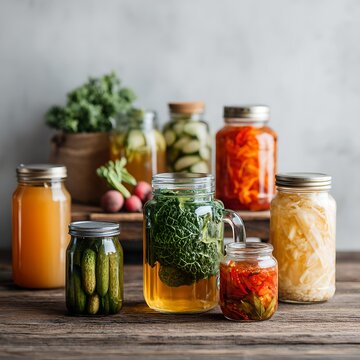 An assortment of pickled vegetables and fermented food in jars, showcasing vibrant colors and textures on a wooden table