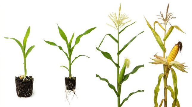 Four stages of corn plant growth from small seedling to tall stalk with yellow cob isolated on white