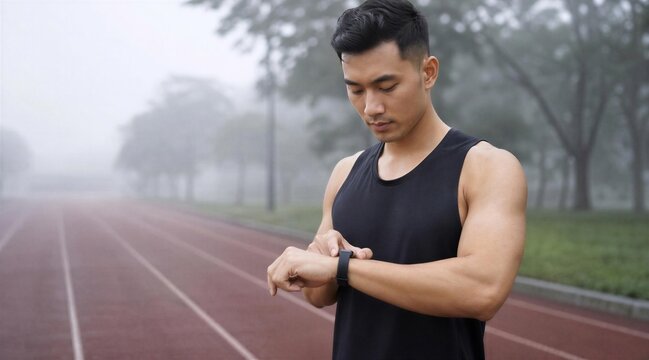 Athletic Asian man checking smartwatch on foggy running track
