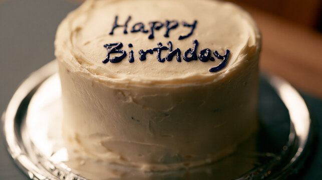 A delicious round birthday cake with smooth white frosting and dark script lettering saying Happy Birthday on top beautifully presented on a silver platter over a dark rustic background.