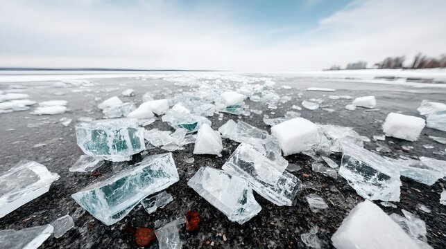 Chunks of ice scattered across the frozen surface of a lake, reflecting the cloudy sky and distant treeline. The ice is clear and blue in places, creating a stark and beautiful winter landscape