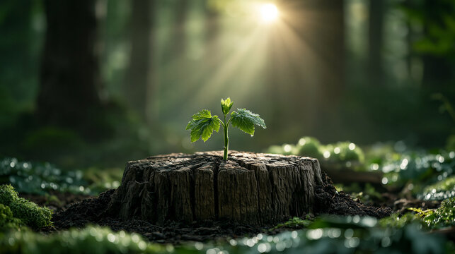 A small green sprout growing from an old tree stump in a lush forest illuminated by soft sunbeams and surrounded by floating water droplets symbolizing new life hope and environmental growth.