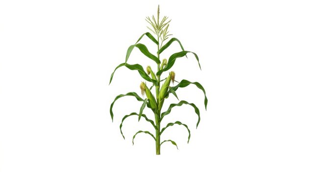 Single green corn plant with ears of corn growing isolated on a plain white background for design use