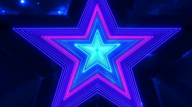 Neon glowing star shape composed of concentric outlines rotates and pulses against a dark background. Abstract background features concentric star shapes with rhythmic movement.