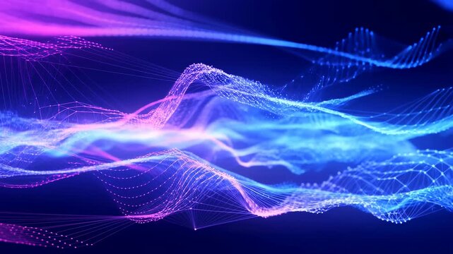 Flowing waves of glowing blue and purple particles pulse and undulate across a dark blue gradient background. Animated background combines glowing light with layered depth.