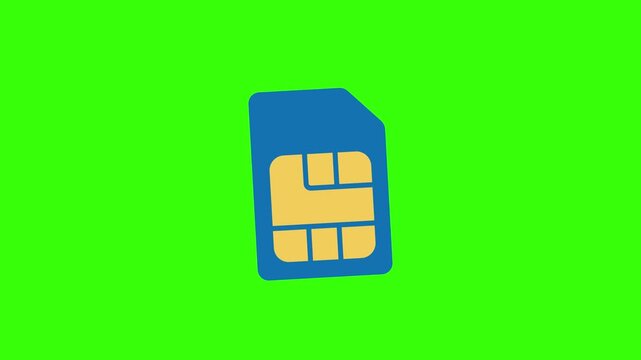Blue Mobile SIM Card with Golden Electronic Microchip Contact Pad Floating and Pulsing Seamless Loop Animation on Green Screen Chroma Key Background