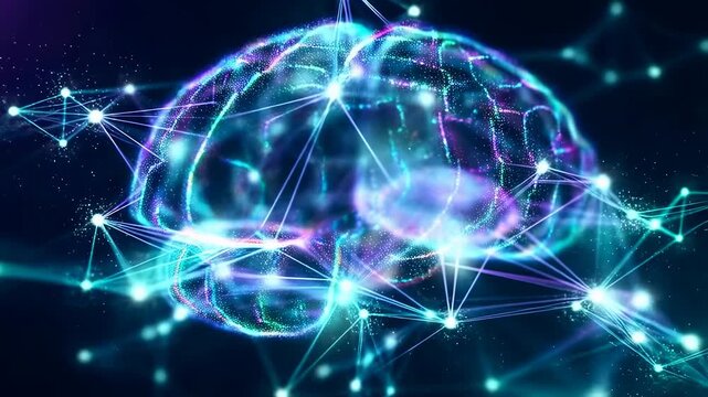 Glowing digital network of blue and purple nodes and lines forms a stylized human brain on a dark background. Smooth animated scene for technology presentations and scientific visualization.
