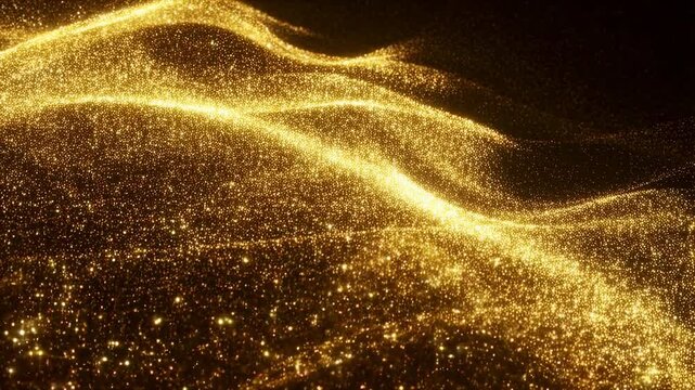 Golden particles flow and shimmer forming dynamic wave-like patterns on a dark background. Animated texture shows particles and waves with flowing movement.