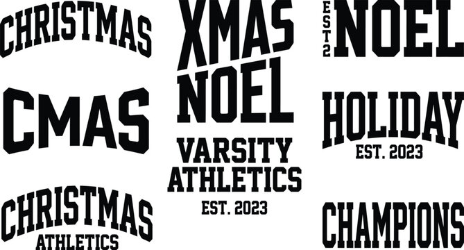 Vintage Christmas Varsity Typography T-Shirt Design Set, College Athletic Font Holiday Quotes Vector