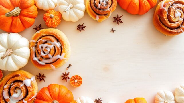 Aesthetic high-angle flat lay on a light cream wooden surface. Bright orange heirloom pumpkins, mini white pumpkins, cinnamon rolls with glaze