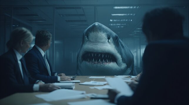 A shark swims in a meeting room with businessmen