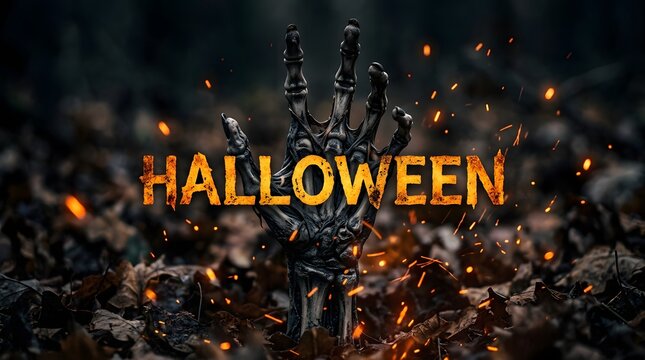 Scary zombie hand rising from the ground in a dark forest with glowing Halloween text overlay
