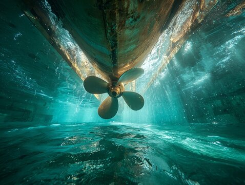 Underwater view of a ship's propeller and hull beneath the ocean surface, with sunbeams filtering through the water