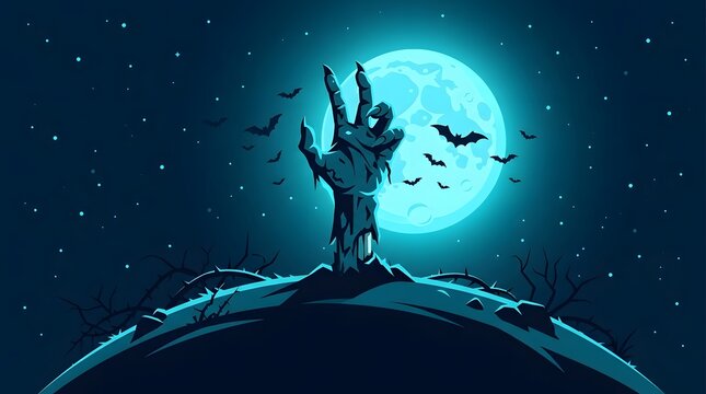 Creepy zombie hand rising from the ground at night under a glowing full moon with flying bats